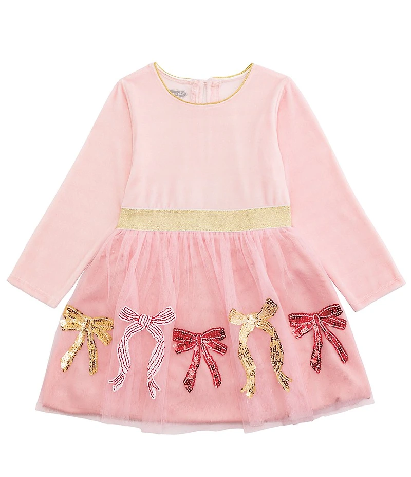 Mud Pie Baby/Little Girls Long-Sleeve Velour/Sequin-Embellished-Bow-Design Mesh-Overlay-Skirted Fit-And-Flare Dress