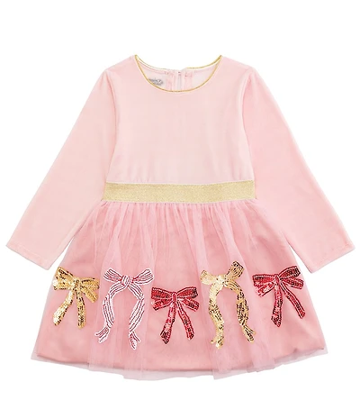 Mud Pie Baby/Little Girls Long-Sleeve Velour/Sequin-Embellished-Bow-Design Mesh-Overlay-Skirted Fit-And-Flare Dress