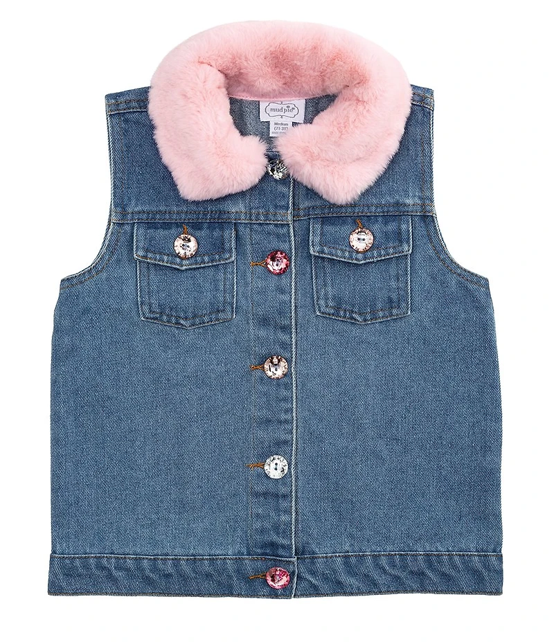 Mud Pie Baby/Little Girls Sleeveless Faux-Fur-Collared Sparkle Denim Vest