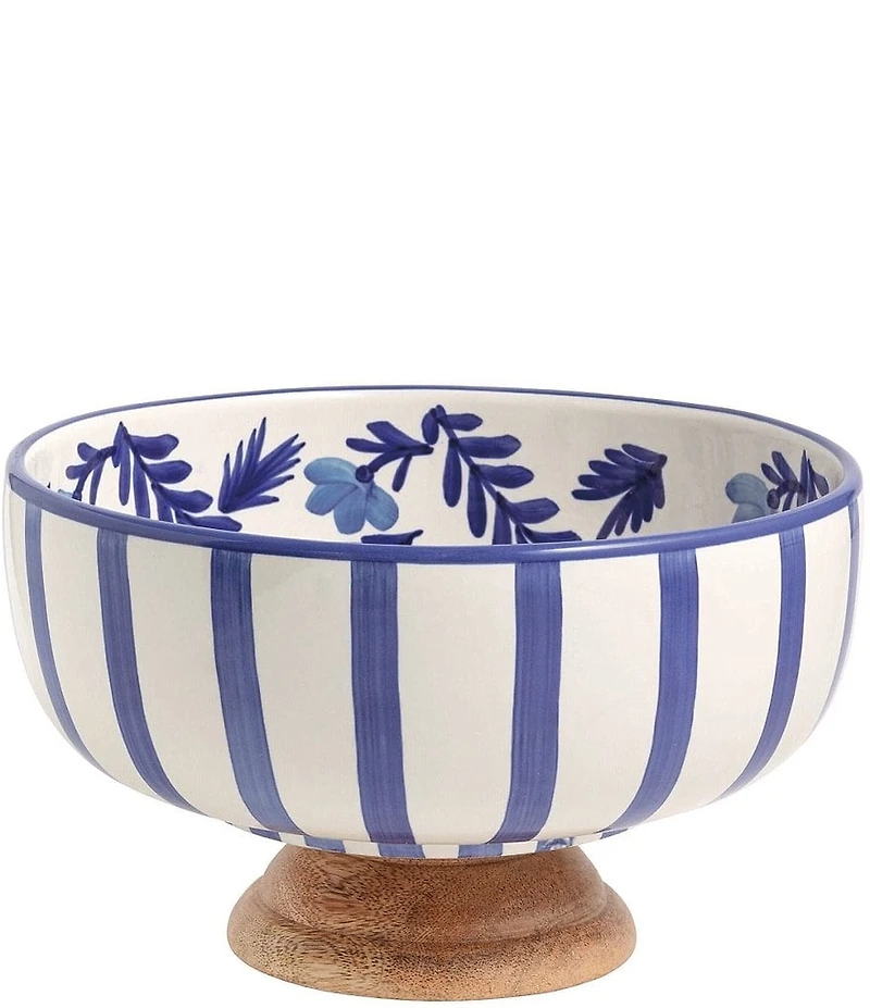 Mud Pie Blue Willow Collection Wood Pedestal Bowl