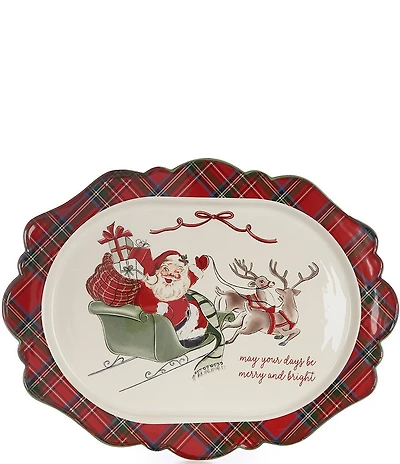 Mud Pie Classic Christmas Vintage Santa Sleigh Tartan Platter