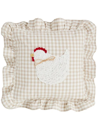Mud Pie Gingham Crochet Chicken Ruffle Edge Square Pillow