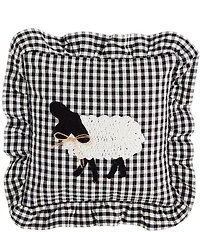 Mud Pie Gingham Crochet Sheep Ruffle Square Pillow