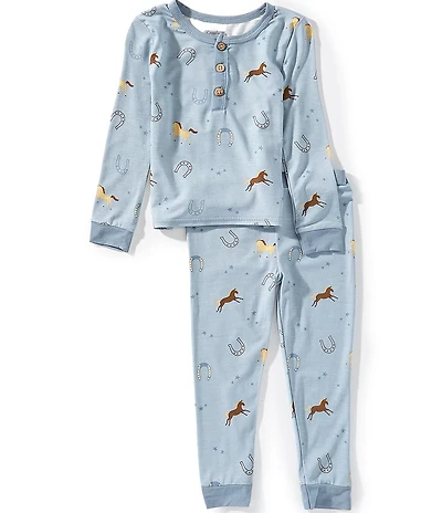 Mud Pie Little Boys Horseshoe/Horse-Printed Long-Sleeve Henley Pajama T-Shirt & Matching Pajama Pant Set