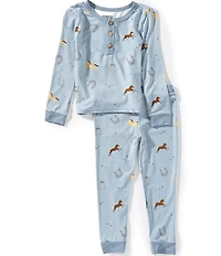Mud Pie Little Boys Horseshoe/Horse-Printed Long-Sleeve Henley Pajama T-Shirt & Matching Pajama Pant Set