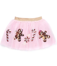 Mud Pie Little Girls Candy Cane/Gingerbread Men/Peppermint Sequined Icons Layered Mesh Tutu Skirt