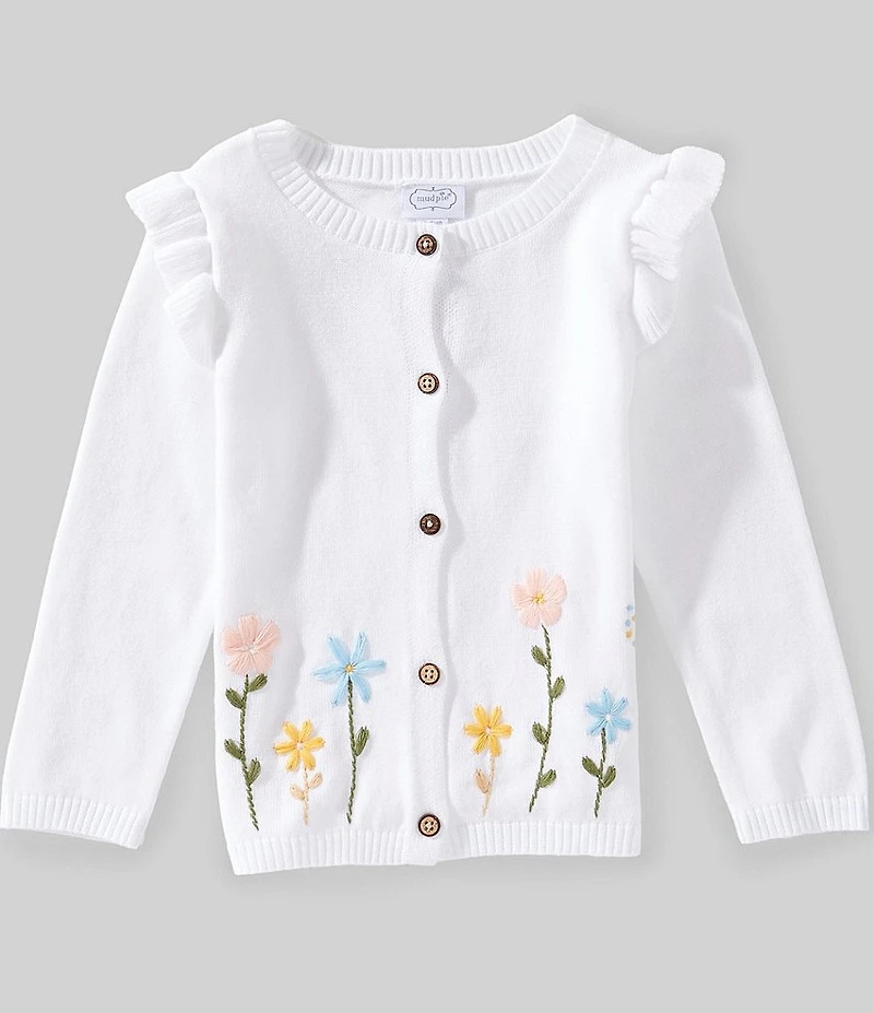 Mud Pie Little Girls Floral Embroidered Ruffle Shoulder Cardigan