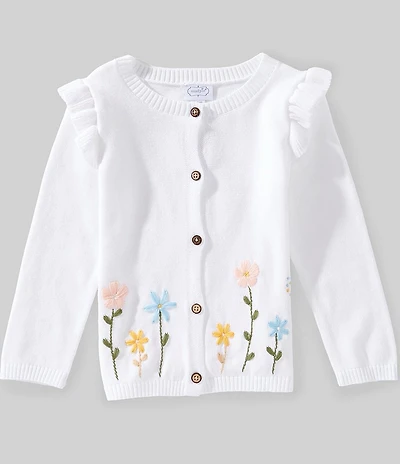 Mud Pie Little Girls Floral Embroidered Ruffle Shoulder Cardigan