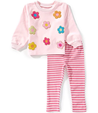 Mud Pie Little Girls Long Sleeve Boucle Flower Sweatshirt & Striped Leggings 2-Piece Set