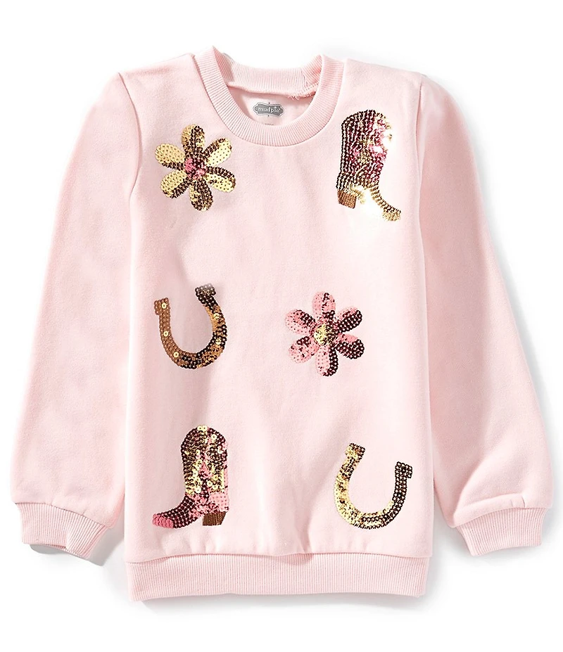 Mud Pie Little Girls Sequin-Embellished Western-Motif French Terry Sweatshirt