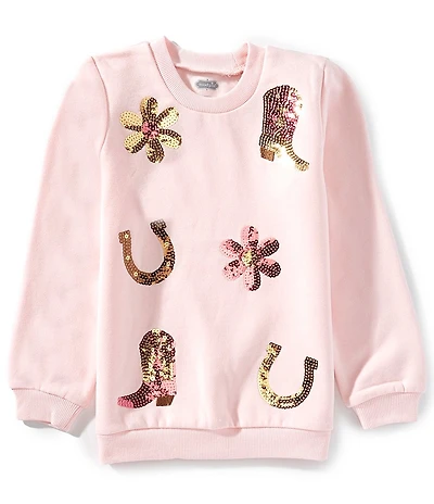 Mud Pie Little Girls Sequin-Embellished Western-Motif French Terry Sweatshirt