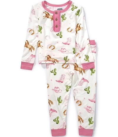 Mud Pie Little Girls Western Knit Bamboo Long Sleeve Pajama Top With Coordinating Western Pajama Pants 2-Piece Set