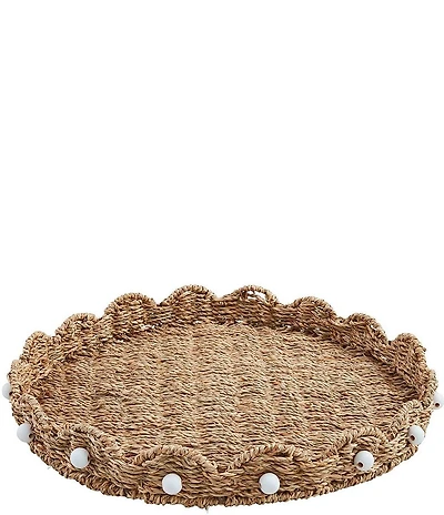 Mud Pie Scalloped Raffia Wooden Beaded Lazy Susan
