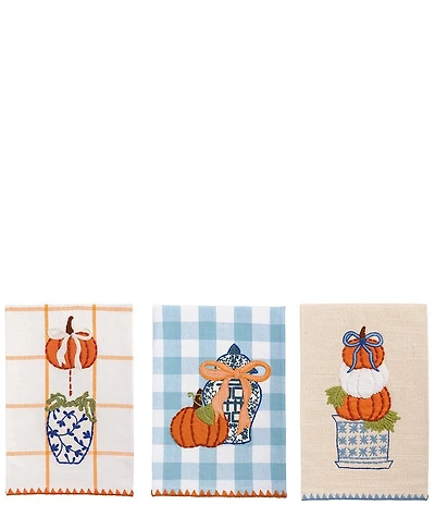 Mud Pie Thanksgiving Collection Pumpkin Applique Topiary Towels, Set of 3