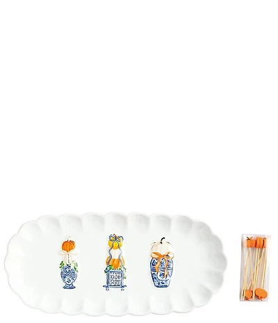Mud Pie Thanksgiving Collection Topiary Pumpkin Scalloped Edge Tray & Toothpick Set