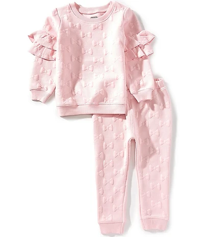 Mud Pie Little Girls Long Double Ruffle Sleeve Quilted Bow Top & Matching Jogger 2-Piece Set