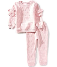 Mud Pie Little Girls Long Double Ruffle Sleeve Quilted Bow Top & Matching Jogger 2-Piece Set