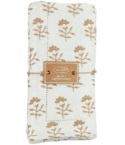 Mud Pie Westport Taupe Flower Block Print Icon Napkins, Set of 4