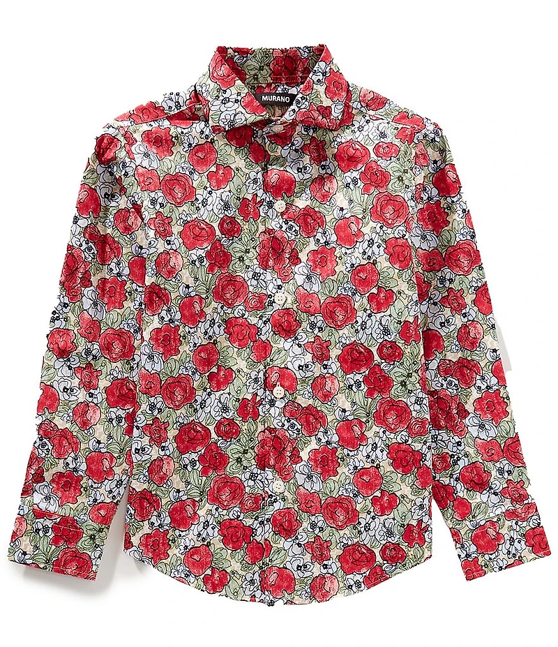 Murano Big Boys Long Sleeve Rose Print Button Front Top