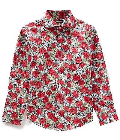 Murano Big Boys Long Sleeve Rose Print Button Front Top