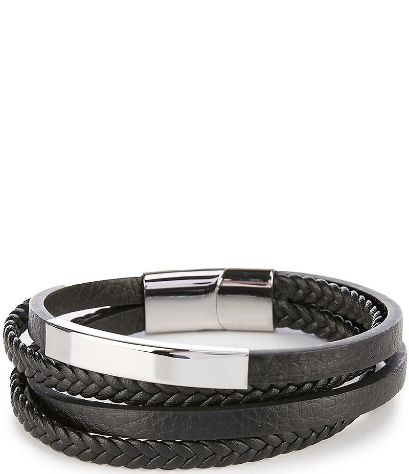 Murano Polished Stainless Steel & Multi Strand Faux Leather Bracelet