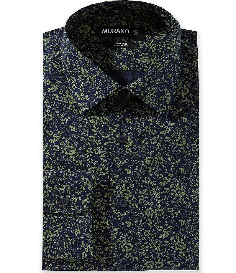 Murano Slim Fit Non-Iron Spread Collar Printed Poplin Dress Shirt