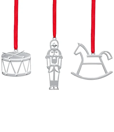 Nambe Holiday Mini Ornament Set - Rocking Horse, Drum, and Nutcraker, Set of 3