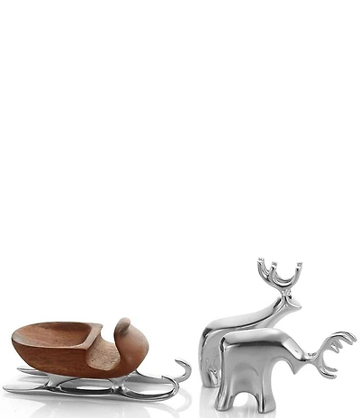Nambe Miniature Reindeer Sleigh Figurine Set