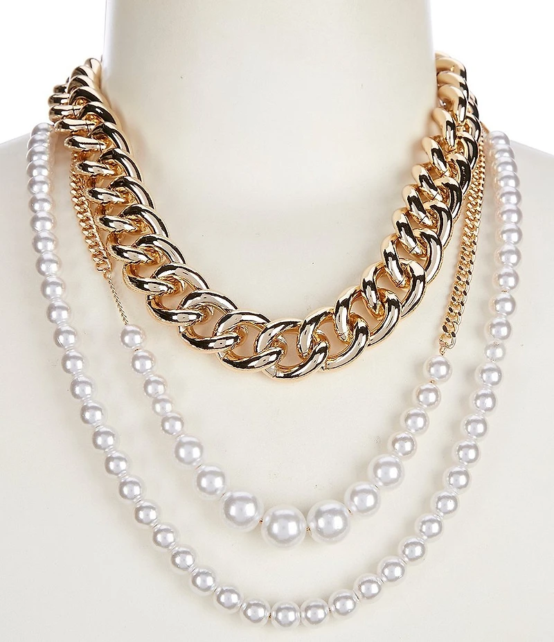 Natasha Accessories 3 Row Pearl Chain Short Multi Strand Necklace
