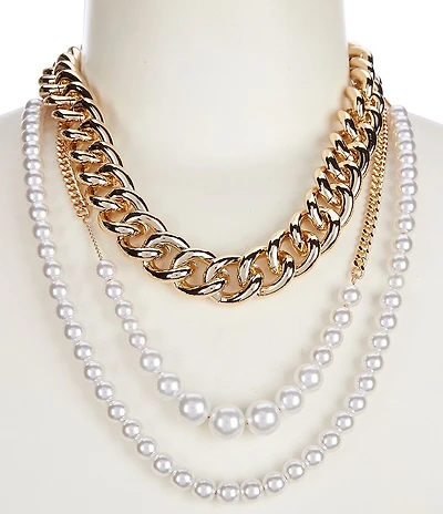 Natasha Accessories 3 Row Pearl Chain Short Multi Strand Necklace