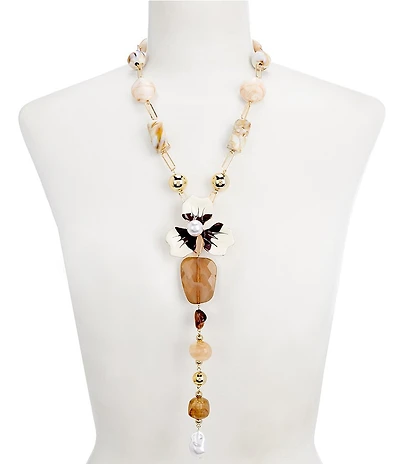 Natasha Accessories Beaded Flower Enamel Statement Long Y Necklace