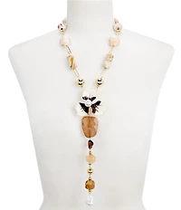 Natasha Accessories Beaded Flower Enamel Statement Long Y Necklace