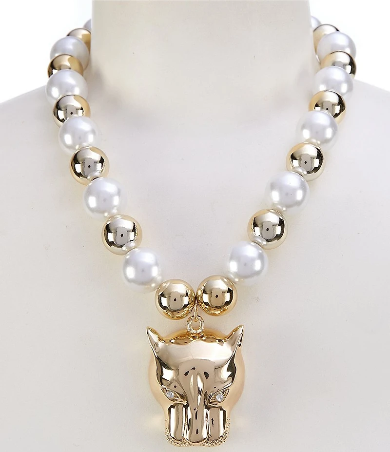 Natasha Accessories Chunky Pearl Gold Panther Statement Necklace