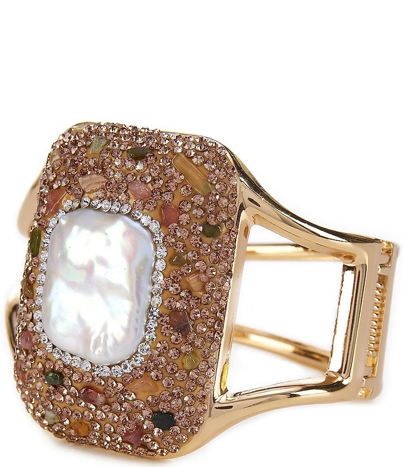 Natasha Accessories Pearl Square Caviar Statement Cuff Bracelet