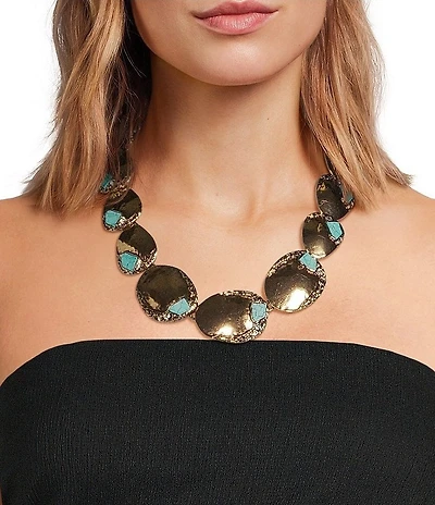 Natasha Accessories Textured Turquoise Metal Disc Statement Collar Necklace