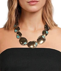 Natasha Accessories Textured Turquoise Metal Disc Statement Collar Necklace