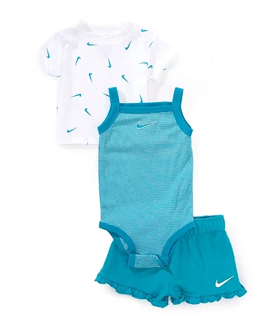 Nike Baby Girls Stripe Bodysuit, Swoosh Print Short Sleeve T-Shirt, & Ruffle Shorts Set