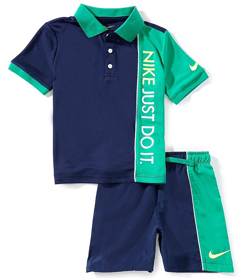 Nike Little Boys Short Sleeve Button Down Collar Nike Net Shirt & Shorts 2-Piece Set