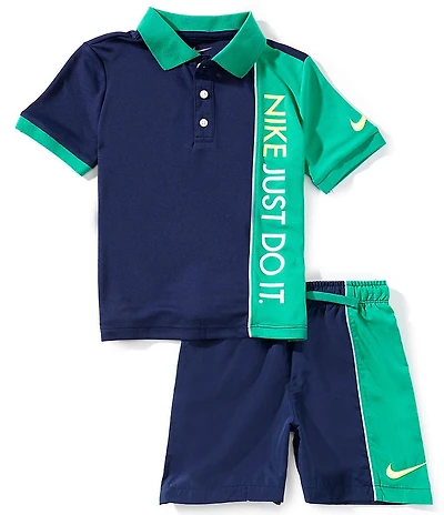 Nike Little Boys Short Sleeve Button Down Collar Nike Net Shirt & Shorts 2-Piece Set