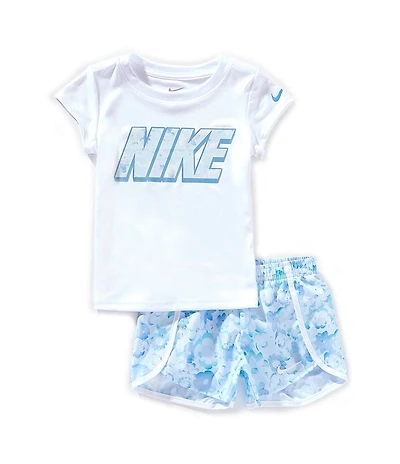 Nike Little Girls Flutter-Sleeve Floral-Logo T-Shirt & Floral-Printed Shorts Set