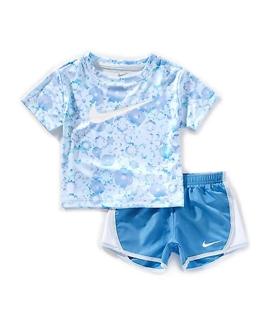 Nike Little Girls Short-Sleeve Floral-Printed/Swoosh-Motif T-Shirt & Color Block Tempo Shorts Set