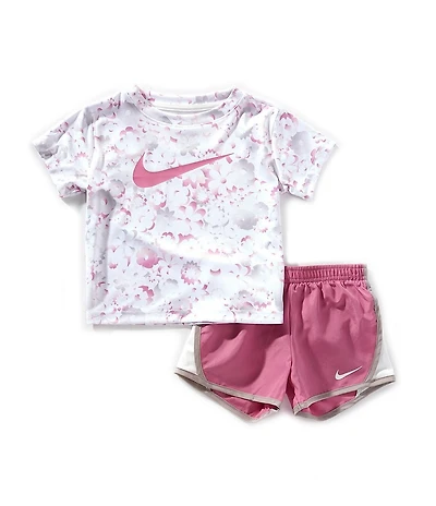 Nike Little Girls Short-Sleeve Floral-Printed/Swoosh-Motif T-Shirt & Color Block Tempo Shorts Set