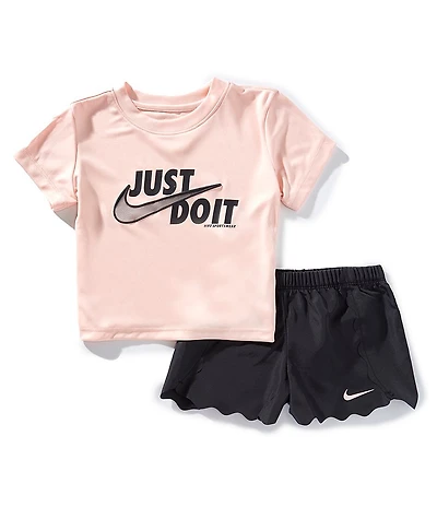 Nike Little Girls Short Sleeve Swoosh Motion Top & Colorblock Wavy Shorts 2-Piece Set