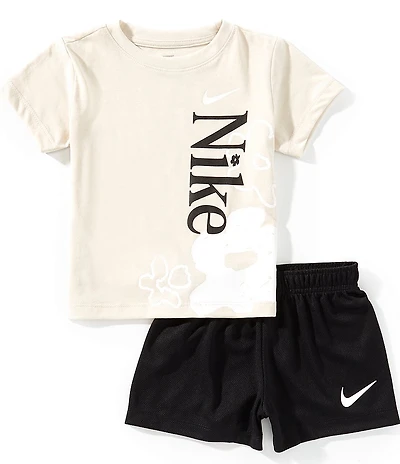 Nike Little Girls Short-Sleeve Wildflower Knit T-Shirt & Solid Mesh Shorts Set