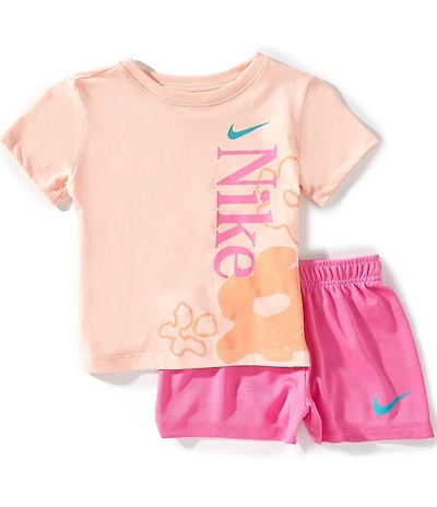 Nike Little Girls Short-Sleeve Wildflower Knit T-Shirt & Solid Mesh Shorts Set