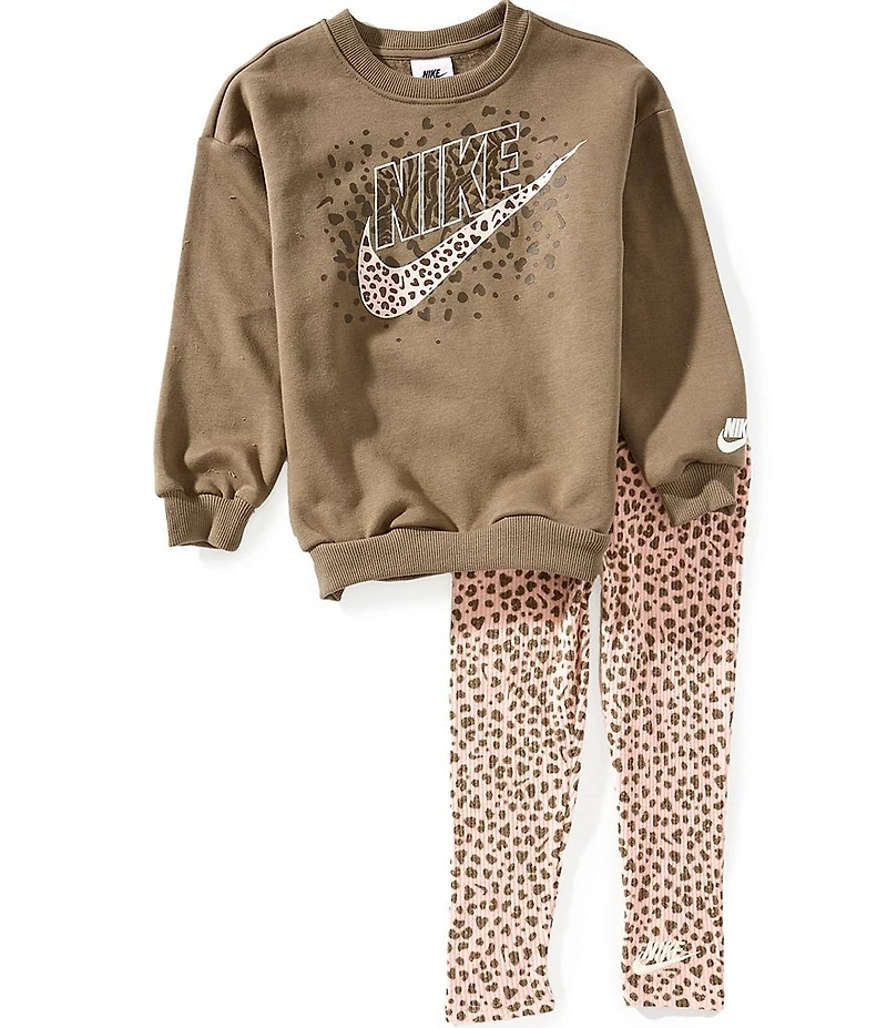 Nike Little Girls Long-Sleeve Logo-Detailed Sweatshirt & Animal-Printed Leggings Set