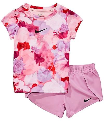 Nike Little Girls Short Sleeve Move With Nature Allover Print T-Shirt & Shorts 2-Piece Set