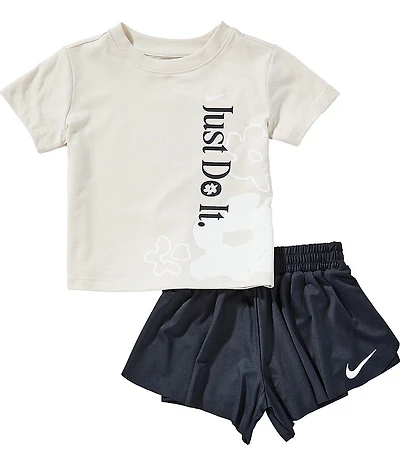 Nike Little Girls Short Sleeve Wild Flowers 'Just Do It' Tee & Shorts 2-Piece Set