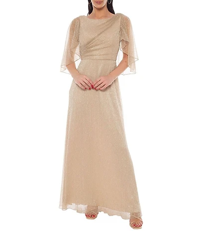 Oleg Cassini Caplet Metallic Pleated A Line Long Dress