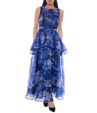 Oleg Cassini Floral Print Crew Neck Sleeveless Ruffle Skirt Long Dress